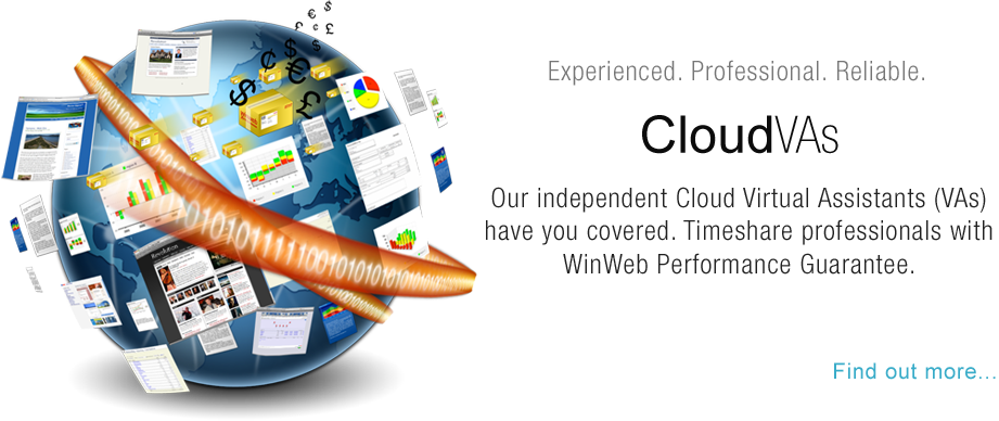 Experienced. Professional. Reliable. WinWeb Cloud VA. Our Cloud VAs have you covered. Timeshare professionals with WinWeb Performance Guarantee. Experienced. Professional. Reliable. WinWeb Cloud VA. Our Cloud VAs have you covered. Timeshare professionals with WinWeb Performance Guarantee.